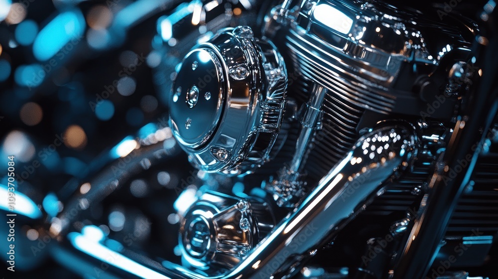 Close-up of a gleaming chrome motorcycle engine.