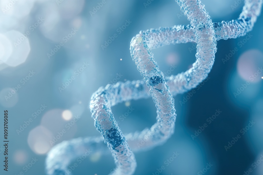Spiral structure of a DNA strand with blue tones and shimmering background Spiral structure of a DNA strand with blue tones and shimmering background