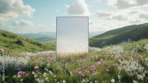 Tranquil Meadow with Vertical Poster on Metal Stand: Soft Wildflowers, Rolling Hills, and Pastel Sky Create a Serene Natural Setting with Elegant Composition and Gentle Lighting.