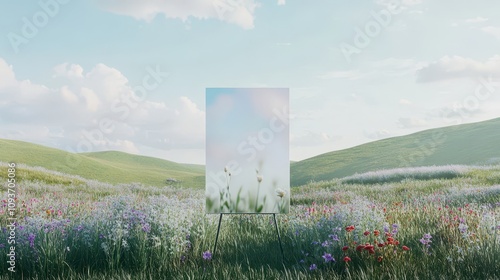 Tranquil Meadow with Vertical Poster on Metal Stand: Soft Wildflowers, Rolling Hills, and Pastel Sky Create a Serene Natural Setting with Elegant Composition and Gentle Lighting.