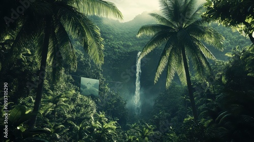 Tropical Rainforest Clearing: Vertical Poster Between Palm Trees, Soft Emerald Foliage, Dappled Sunlight, and a Distant Waterfall in Lush Vegetation. Scenic Nature View.