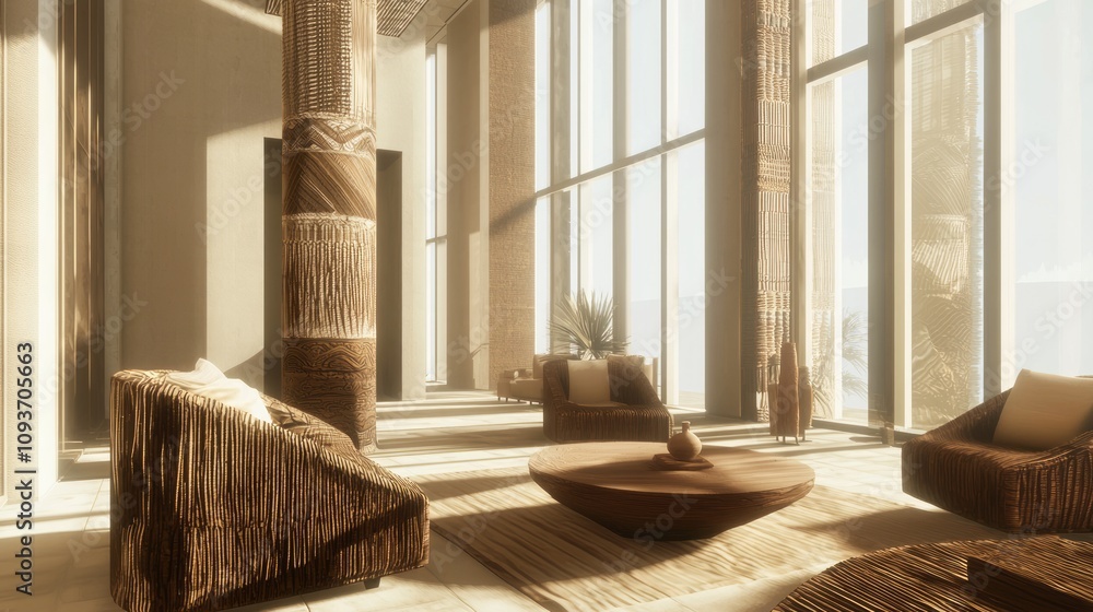 Contemporary Modern-Tribal Living Space with Floor-to-Ceiling Windows and Ethnic Patterns for Relaxation - 3D Render Illustration Contemporary Modern-Tribal Living Space with Floor-to-Ceiling Windows and Ethnic Patterns for Relaxation - 3D Render Illustration
