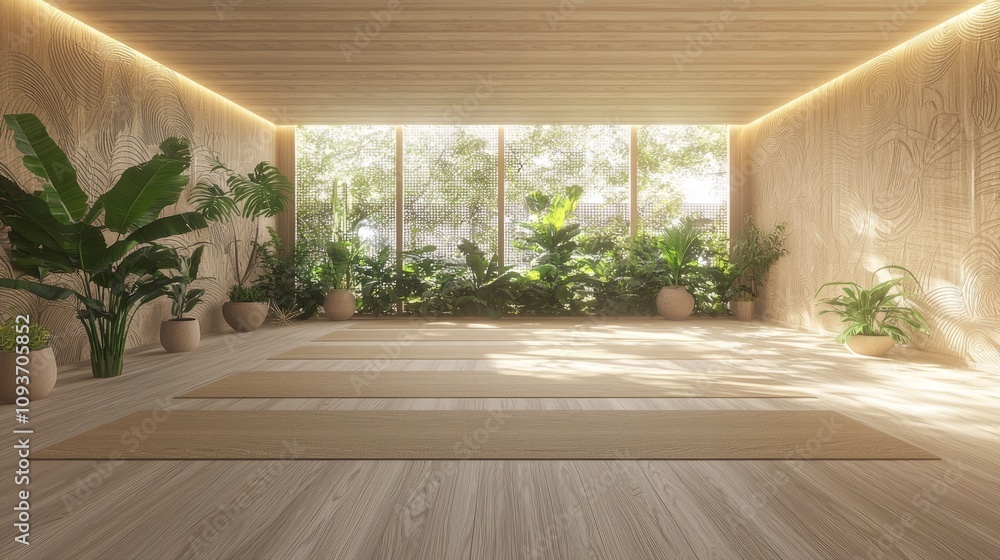 Tranquil Modern-Tribal Yoga Studio with Tribal Wall Murals and Natural Light - 3D Render Illustration Tranquil Modern-Tribal Yoga Studio with Tribal Wall Murals and Natural Light - 3D Render Illustration