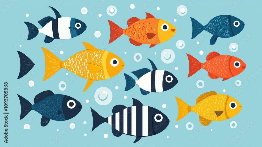 Naklejka premium A Colorful Group of Fish Swimming in a Blue Ocean