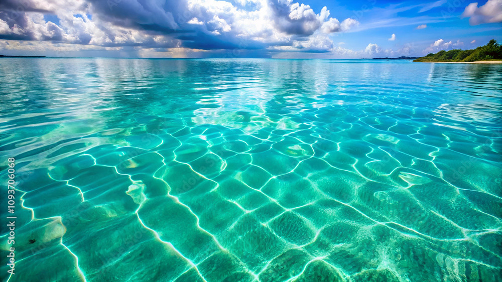 Vivid turquoise water reflecting clouds under a bright sky, creating a serene and tranquil coastal scene. Vivid turquoise water reflecting clouds under a bright sky, creating a serene and tranquil coastal scene.