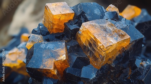 Close-up of vibrant orange and blue mineral crystals in natural formation photo