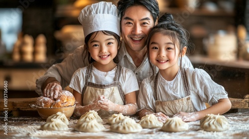 cheerful family gathers warm kitchen expertly making dumplings Chinese New Year. Laughter and flour fill air as they bond cherished tradition