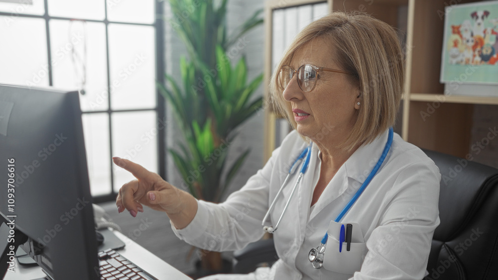 Middle-aged blonde female doctor working at a computer in a clinic office. Middle-aged blonde female doctor working at a computer in a clinic office.