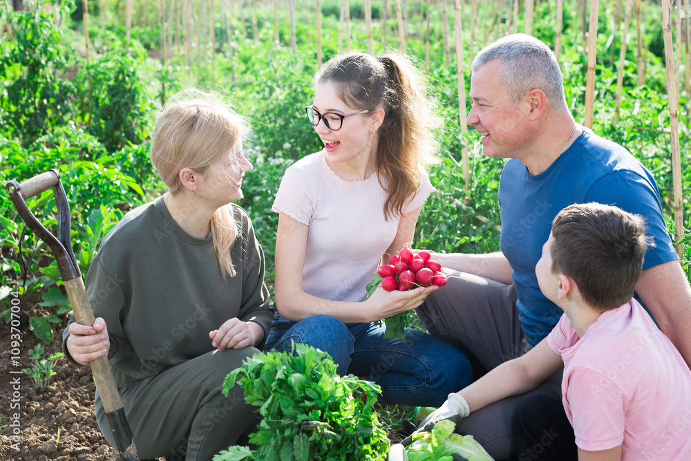 Φωτογραφία Portrait of happy friendly family with two teen children discussing good crop of vegetables in garden on sunny summer day