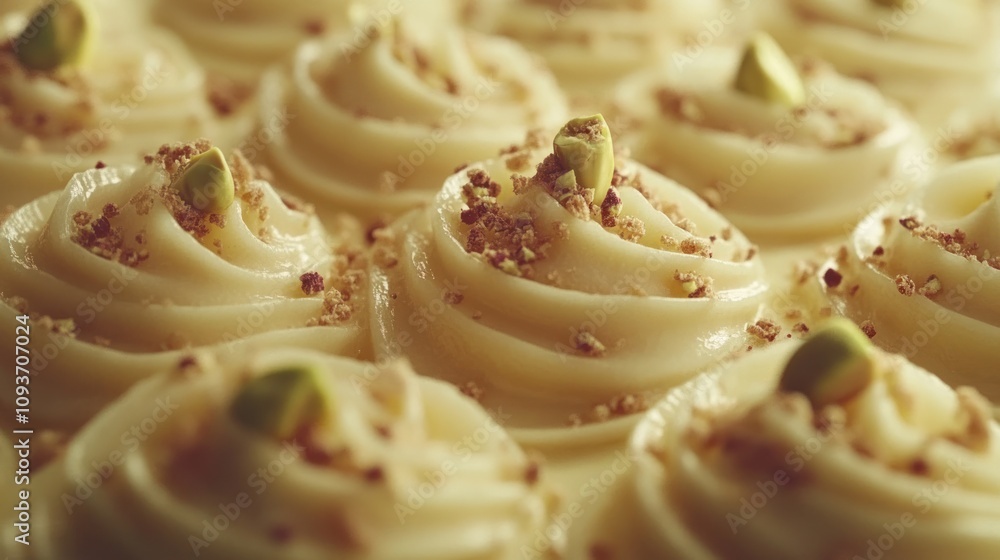 Close-up of creamy swirls topped with pistachios and crumbs. Close-up of creamy swirls topped with pistachios and crumbs.