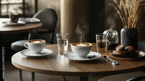 "Essence of Coffee: Steaming Espresso and Elegant Table Settings"