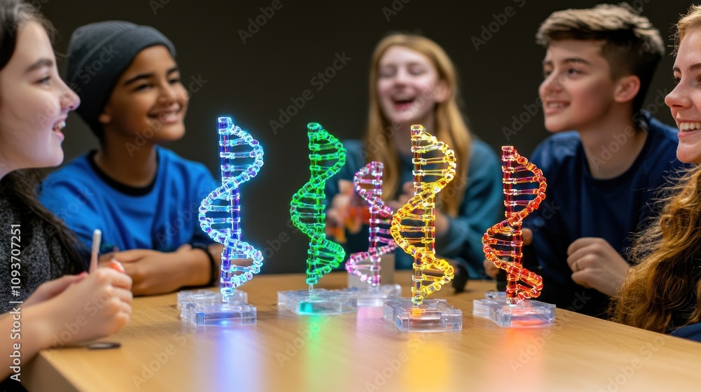 Fototapeta premium A group of young people sitting at a table with glowing DNA models