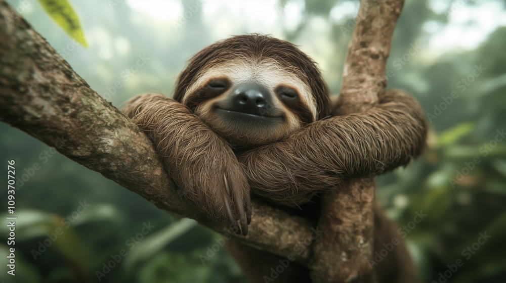 Naklejka premium Content sloth relaxing in a tree amid lush jungle foliage
