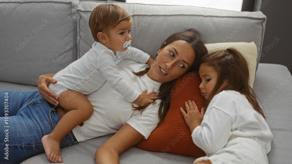 Woman relaxing with son and daughter on cozy sofa in living room, embodying love and family togetherness in a warm home setting indoors, creating a heartwarming family moment. Woman relaxing with son and daughter on cozy sofa in living room, embodying love and family togetherness in a warm home setting indoors, creating a heartwarming family moment.