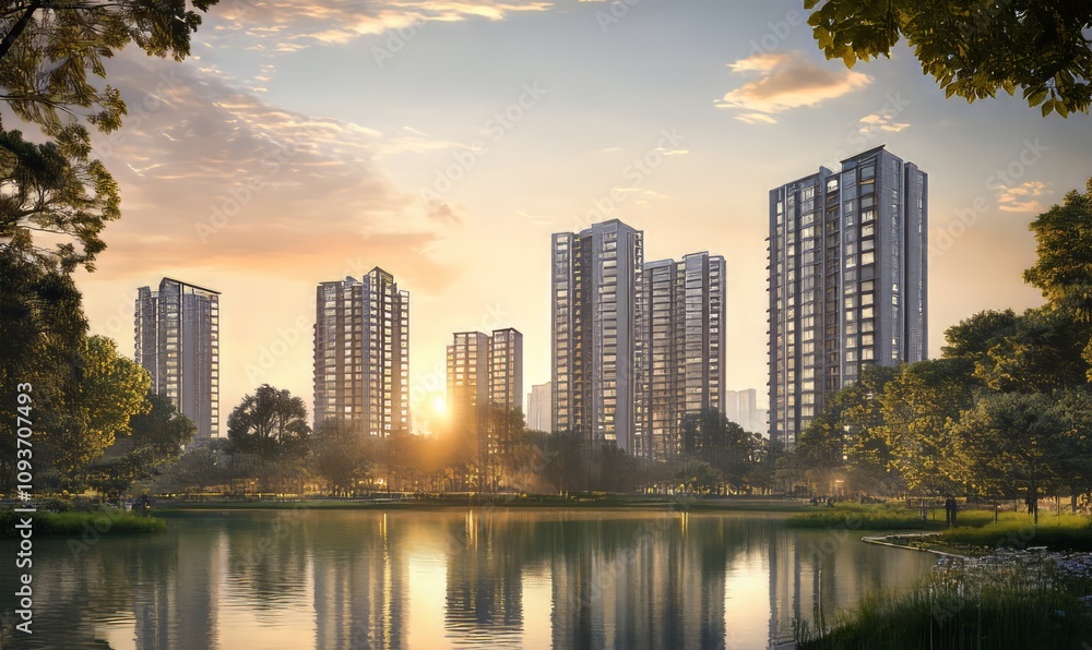 Fototapeta premium Tall Residential Towers Reflect in Calm Water at Sunset in a Serene Urban Park Setting Surrounded by Lush Greenery