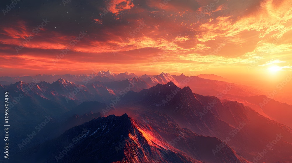 A breathtaking panorama from a high mountain peak at sunrise A breathtaking panorama from a high mountain peak at sunrise