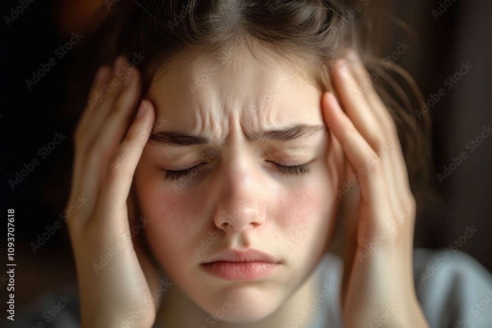 Person experiencing discomfort while holding their head in a calm indoor setting Person experiencing discomfort while holding their head in a calm indoor setting