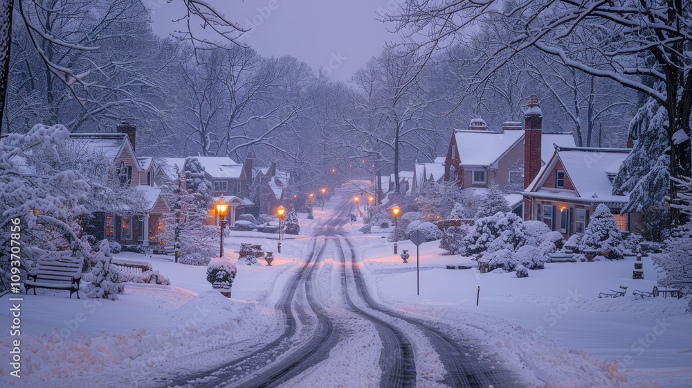 Charming winter evening in a quiet snow-covered neighborhood with glowing streetlights. Generative AI Charming winter evening in a quiet snow-covered neighborhood with glowing streetlights. Generative AI