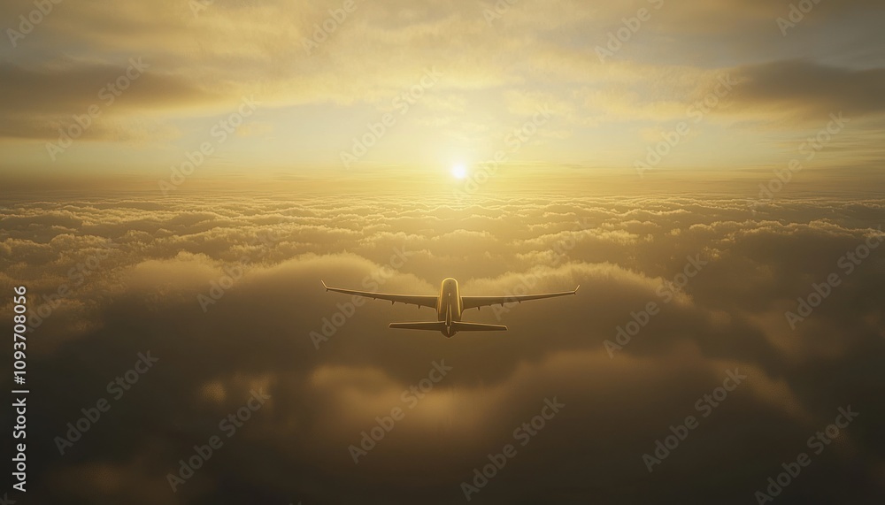 Naklejka premium Airplane Flying Above Golden Clouds at Sunset
