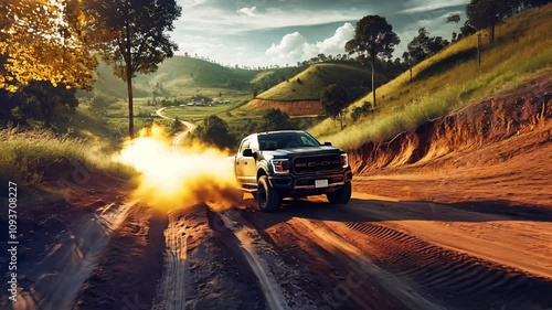Pickup truck on a dusty dirt road
