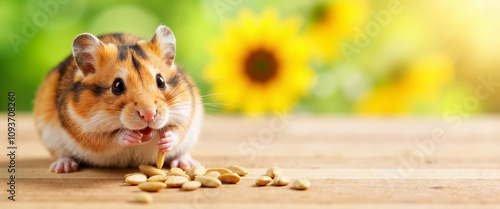 Hamster stuffing cheeks with seeds on wooden table, cuteness