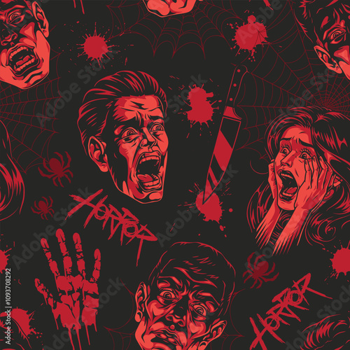 Eerie horror pattern with faces and weapons