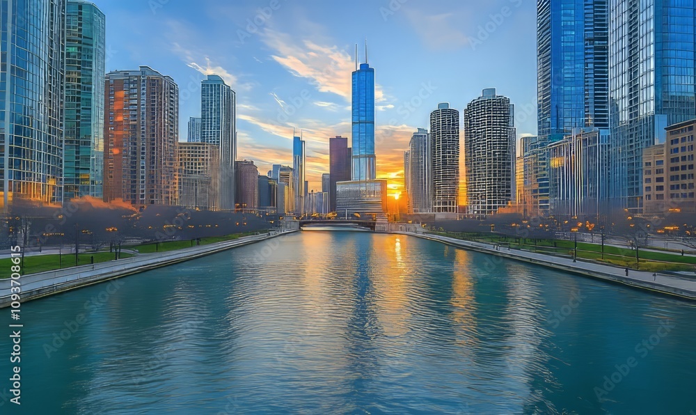 Naklejka premium View of the Chicago River With a Skyline Featuring Tall Buildings and Modern Architecture During a Clear Daytime