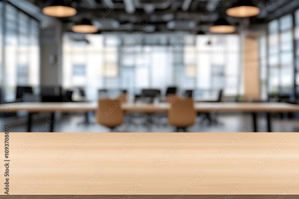Blurred background of a co-working space with a focus on a wooden table, emphasising it’s natural texture and creating a warm, collaborative work environment Blurred background of a co-working space with a focus on a wooden table, emphasising it’s natural texture and creating a warm, collaborative work environment
