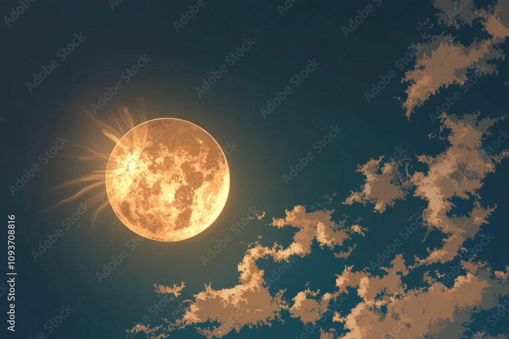 Obraz premium Minimalistic full moon and clouds at night - serene digital art for tranquil design