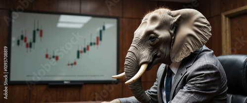 Elephant in suit analyzes charts, business wisdom metaphor