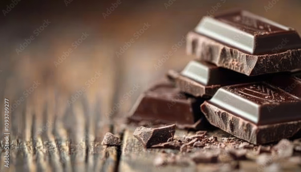 Dark Chocolate Pieces on a Wooden Surface Dark Chocolate Pieces on a Wooden Surface