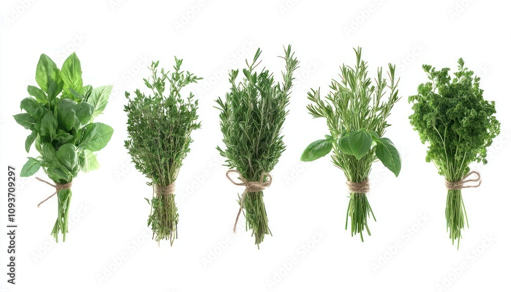 Five Bundles of Fresh Herbs Hanging on White Background
