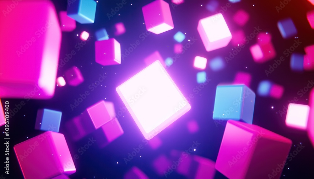 Glowing Pink and Blue Cubes Floating in Darkness Glowing Pink and Blue Cubes Floating in Darkness