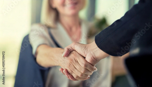 Happy mid aged business woman manager handshaking at office meeting. Smiling female hr hiring recruit at job interview, bank or insurance agent, lawyer making contract deal with client at work photo