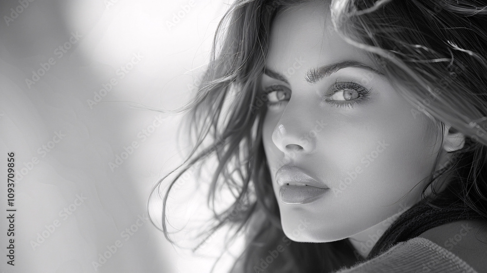 Naklejka premium Retrato artístico de mujer con cabello suelto en blanco y negro
