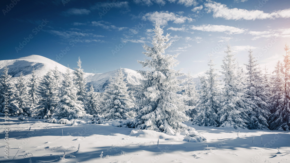 Magical shiny c coniferous trees covered with fluffy snow on a frosty day. Merry Christmas and happy new year greeting card. Magical shiny c coniferous trees covered with fluffy snow on a frosty day. Merry Christmas and happy new year greeting card.