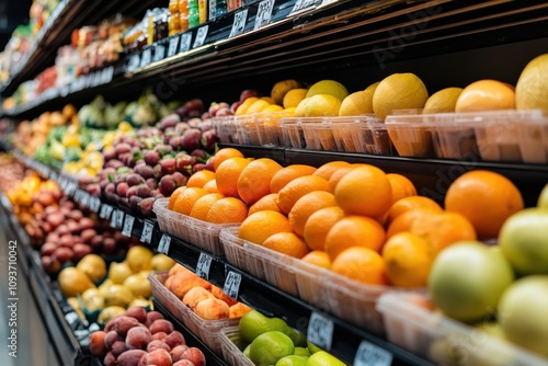 Colorful display of fresh fruits in a supermarket aisle during daytime shopping