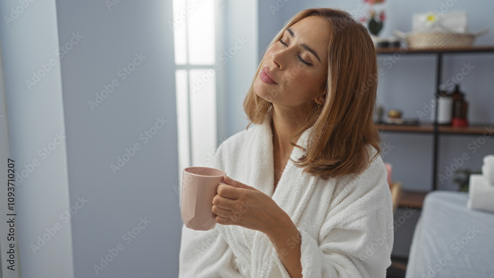 Young woman enjoying a relaxing break at a wellness spa, sipping coffee while looking serene and content indoors. Young woman enjoying a relaxing break at a wellness spa, sipping coffee while looking serene and content indoors.