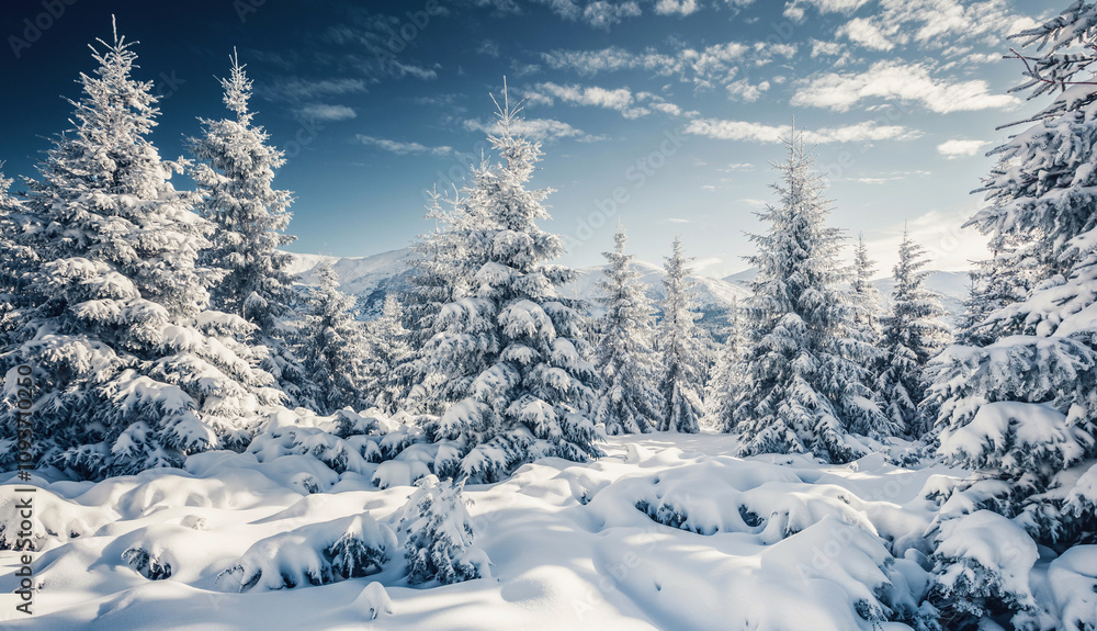 Fototapeta premium Shiny coniferous trees covered with fluffy snow on a frosty day. Merry Christmas and happy new year greeting postcard.