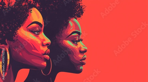 This vibrant illustration features the profile views of two black women against a bold red background, showcasing their unique hairstyles and expressions. photo