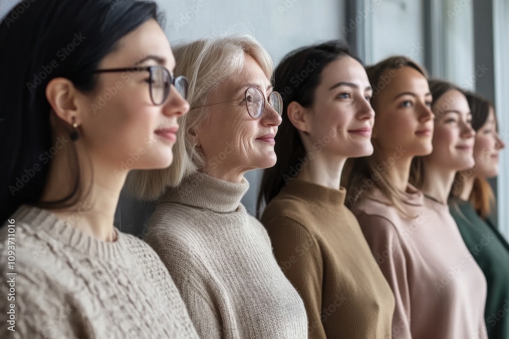Unity and diversity in minimalistic portrait of diverse women looking forward Unity and diversity in minimalistic portrait of diverse women looking forward
