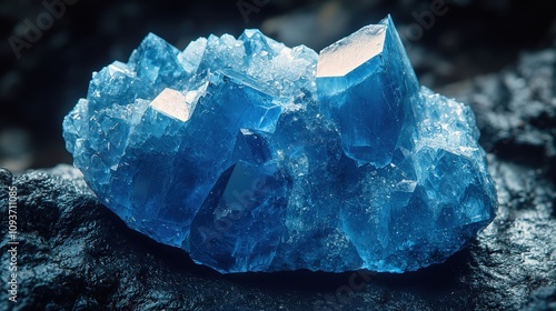 Vibrant raw blue crystal cluster on dark rock surface photo