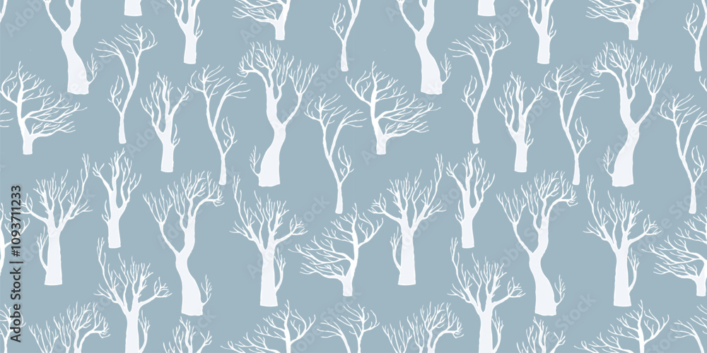 Fototapeta premium Seamless pattern of drawn frozen bare trees in winter forest, vector background, paper, wallpaper, fabric