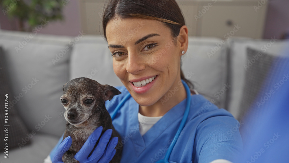 A young hispanic woman takes a selfie with her chihuahua dog at home, showcasing a cozy indoor setting. A young hispanic woman takes a selfie with her chihuahua dog at home, showcasing a cozy indoor setting.