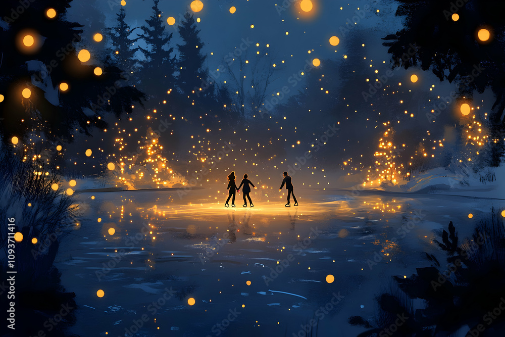 Skaters enjoy a magical night on a serene lake illuminated by glowing lights and snowy trees Skaters enjoy a magical night on a serene lake illuminated by glowing lights and snowy trees