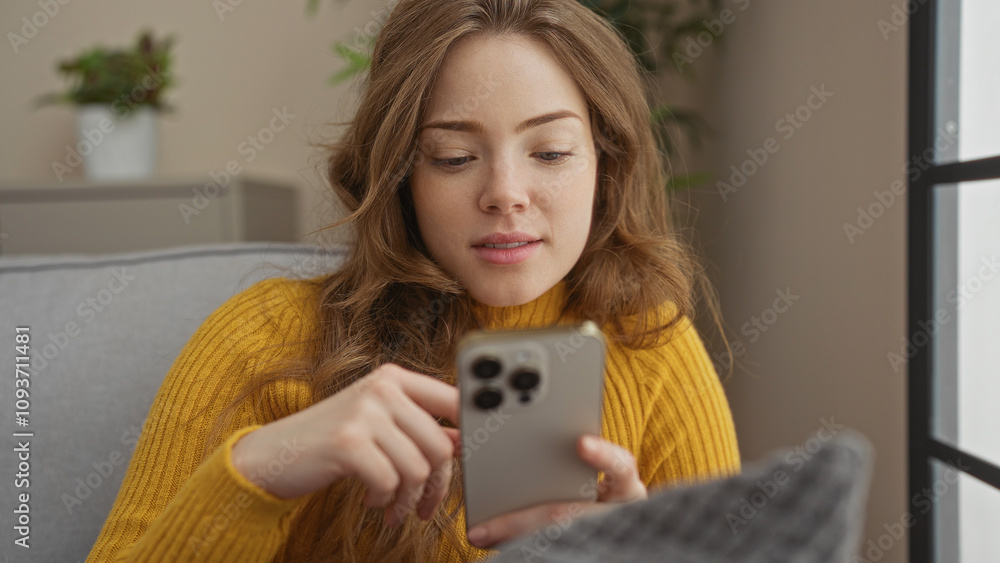 Young beautiful blonde woman wearing a yellow sweater sits in her cozy living room and uses her smartphone with a relaxed expression, surrounded by indoor plants and soft furnishings. Young beautiful blonde woman wearing a yellow sweater sits in her cozy living room and uses her smartphone with a relaxed expression, surrounded by indoor plants and soft furnishings.