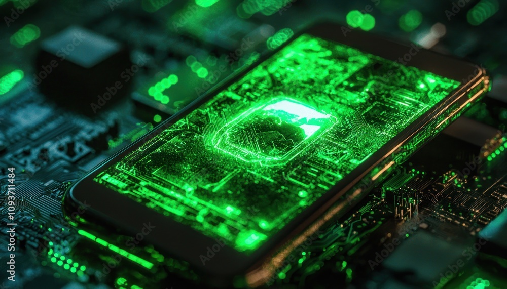 Smartphone with Glowing Green Circuit Board Display Smartphone with Glowing Green Circuit Board Display