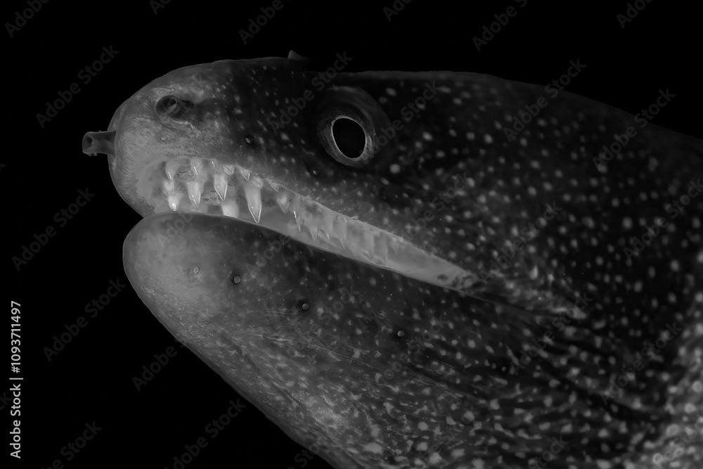 Beautiful black and white image of a sea creature with a black background Beautiful black and white image of a sea creature with a black background