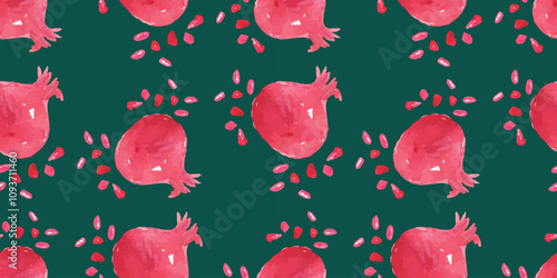 Seamless pattern of ripe red pomegranates with grains, watercolor hand drawn vector background, wallpaper, paper, fabric