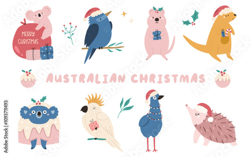 Set of hand drawn Australian animal characters koala, quokka, kookaburra, cockatoo, emu, echidna, kangaroo